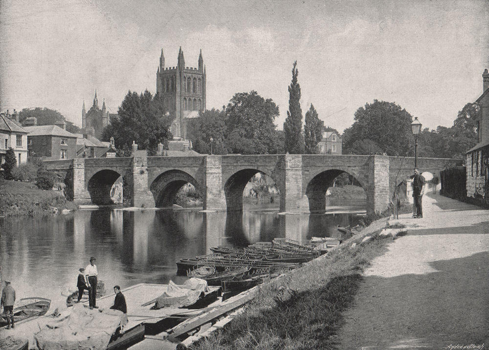 HEREFORDSHIRE. Hereford Cathedral and Wye Bridge 1900 old antique print
